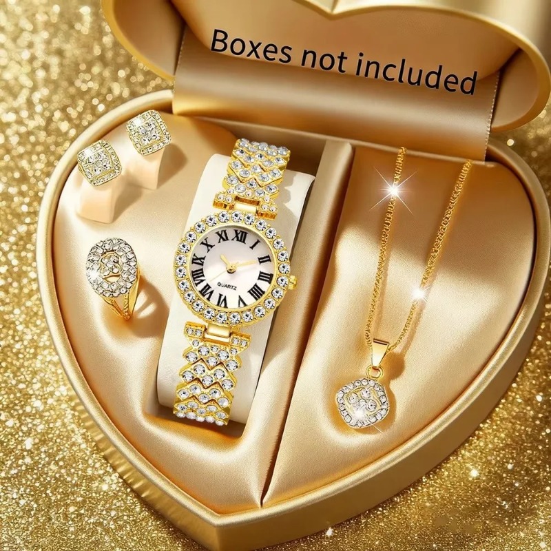 Luxury Watch Holder - 5-teiliges Luxus-Strass-Uhren-Schmuckset für Damen, römische Quarz-Armbanduhr