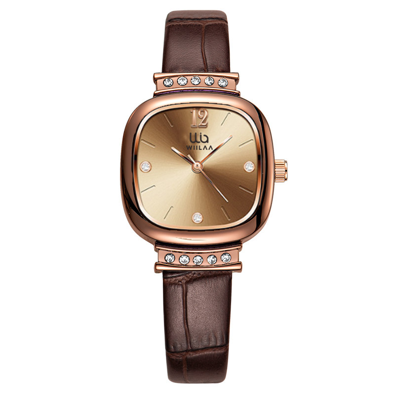 Luxury Watch Leather Strap - Damen Roségold Quadratische Uhr Vintage Strass