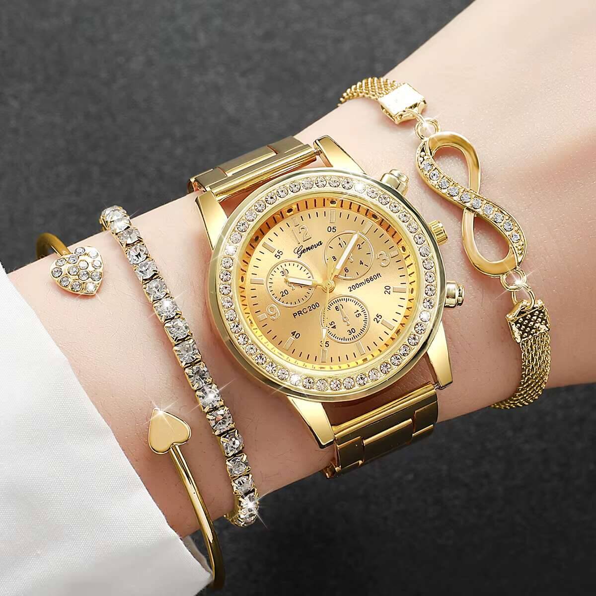 Luxury Watch Holder - 4 Stück/Set Luxus-Strass-Damenuhren, modische Damen-Quarzuhr, Armbänder-Set,