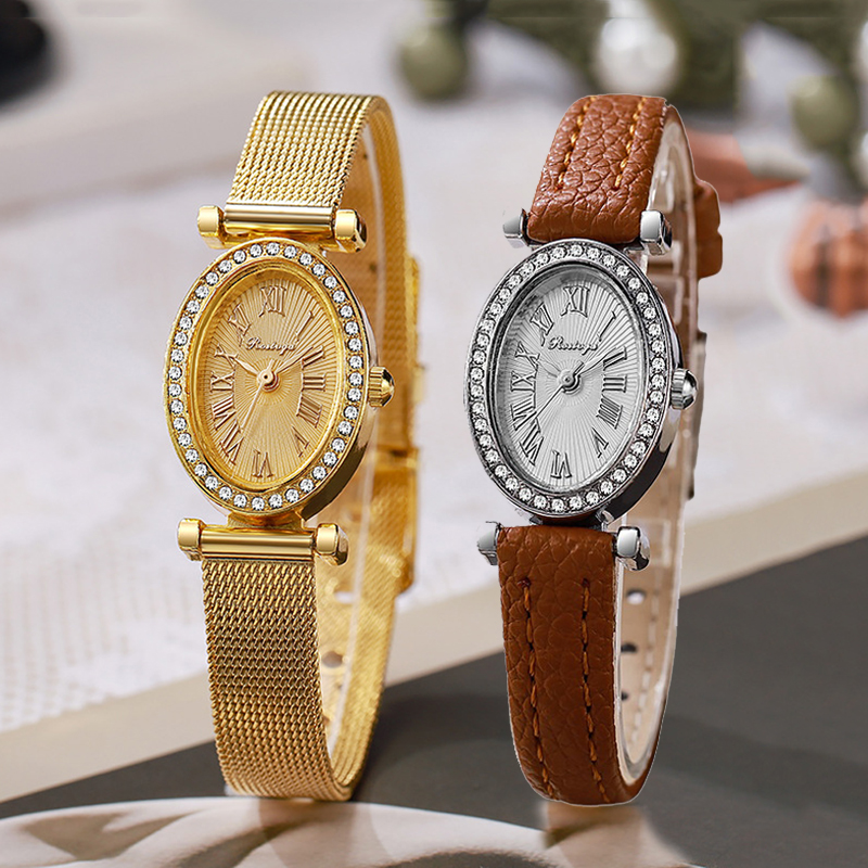 Luxury Watch Leather Strap - Luxus-Damenuhr, Modische Ovale Diamant-Zifferblatt Quarz-Armbanduhr, Großhandel,