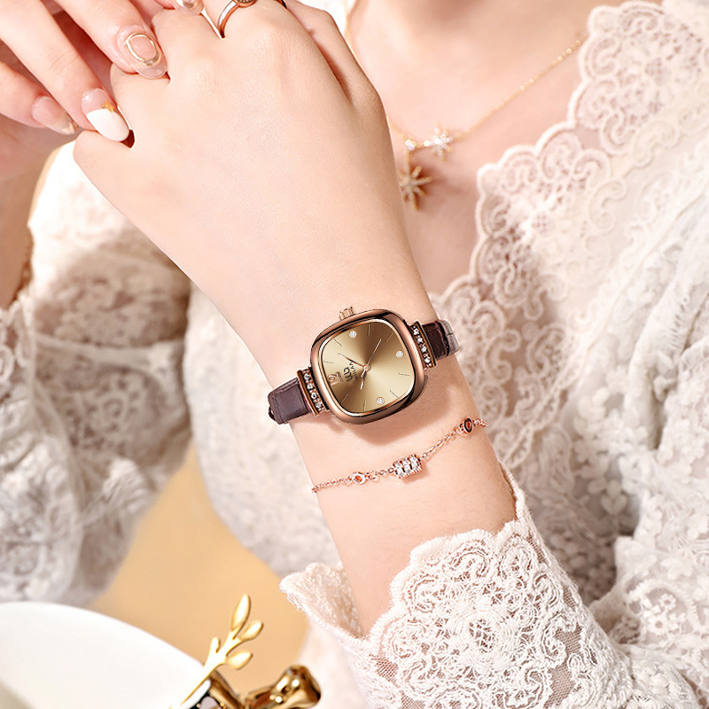 Damen Roségold Quadratische Uh – Luxury Watch Leather Strap Bewertung und Preis