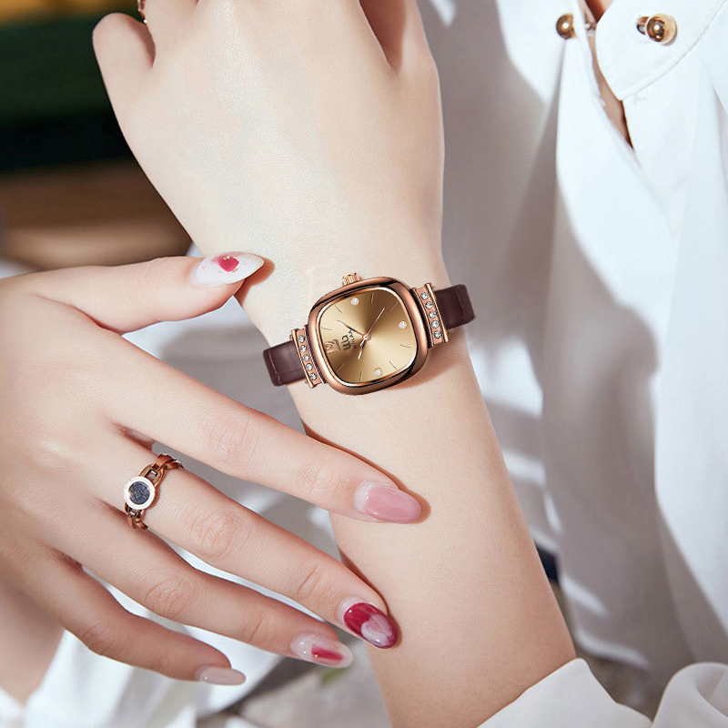 Damen Roségold Quadratische Uh – Luxury Watch Leather Strap Bewertung und Preis